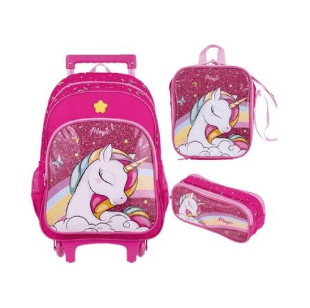 Mochila de Rodinha + Lancheira Térmica + Estojo c/ 2 Divisórias Unicórnio - BRW