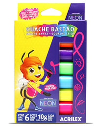 Tinta Guache Bastão Neon 6 Cores 10g. Cada 02008 - Acrilex
