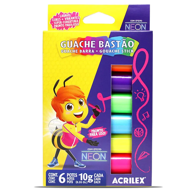 Tinta Guache Bastão Neon 6 Cores 10g. Cada 02008 - Acrilex