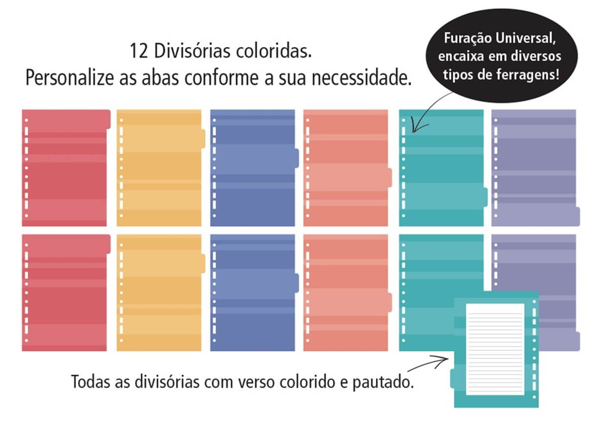Refil Divisórias Coloridas Caderno Argolado 12 unid. 4694 - Fina Ideia