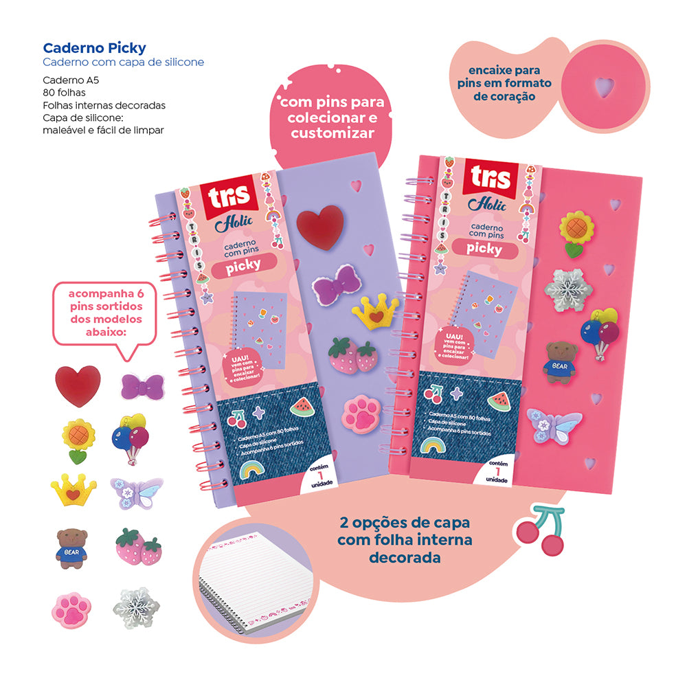 Caderno Pautado A5 C/ Pins Picky Holic Charm  912954 - Tris