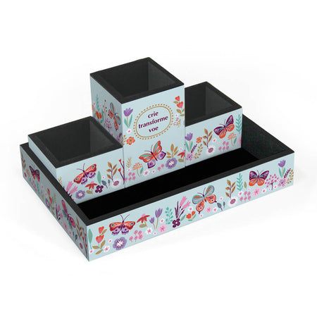 Organizador de Mesa Borboletas no Jardim em MDF 4 peças 5266- Fina Ideia