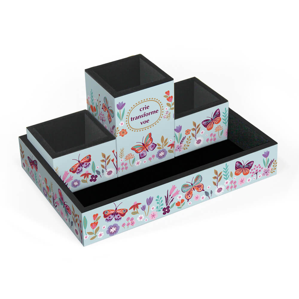 Organizador de Mesa Borboletas no Jardim em MDF 4 peças 5266- Fina Ideia