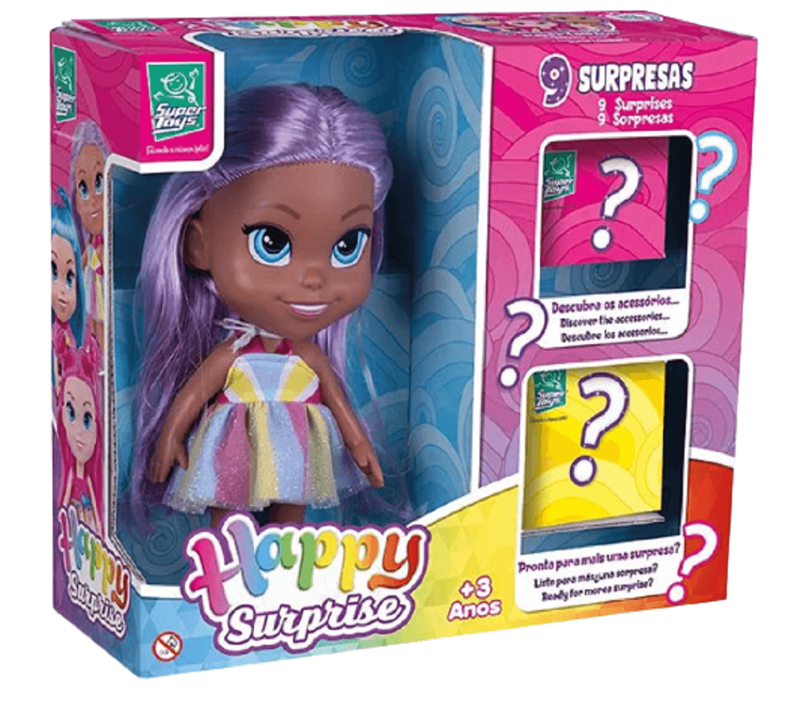 Boneca Baby Happy Surprise negra Cabelo Lilás 554 - Super Toys
