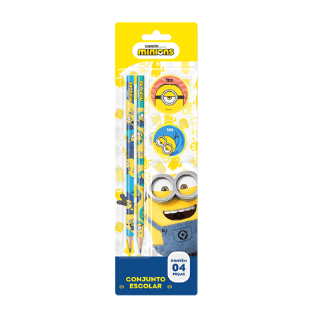 Conjunto Escolar Minions com 2 Lápis, 1 Borracha e 1 Apontador 905574 - Tris