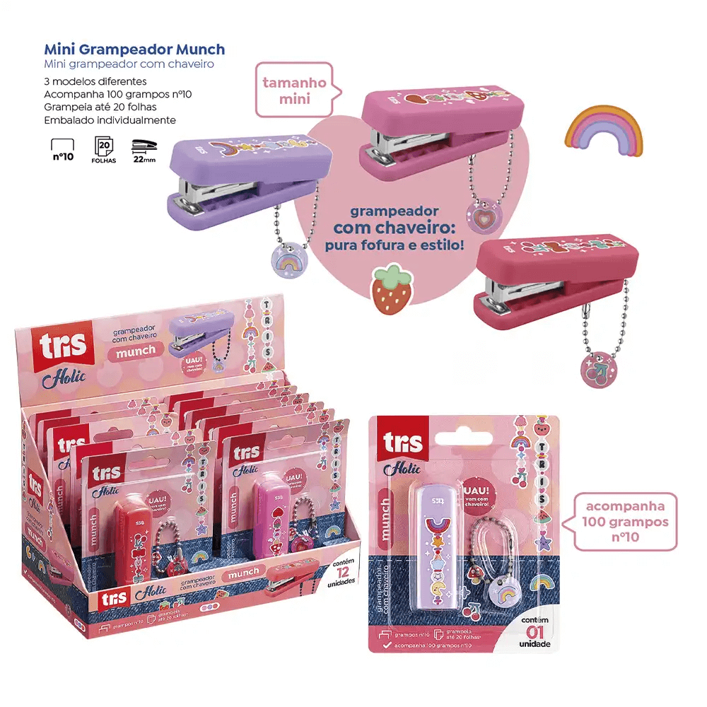Grampeador Mini Munch Holic Com Chaveiro C/ 100 Grampos  912916 - Tris