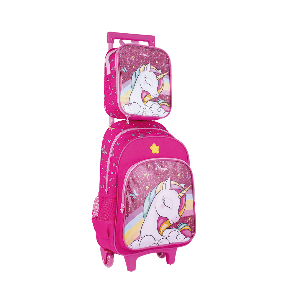 Mochila de Rodinha + Lancheira Térmica + Estojo c/ 2 Divisórias Unicórnio - BRW