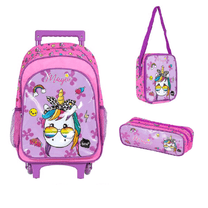 Mochila Grande Carrinho, Lancheira e Estojo Unicórnio Lilás - BRW