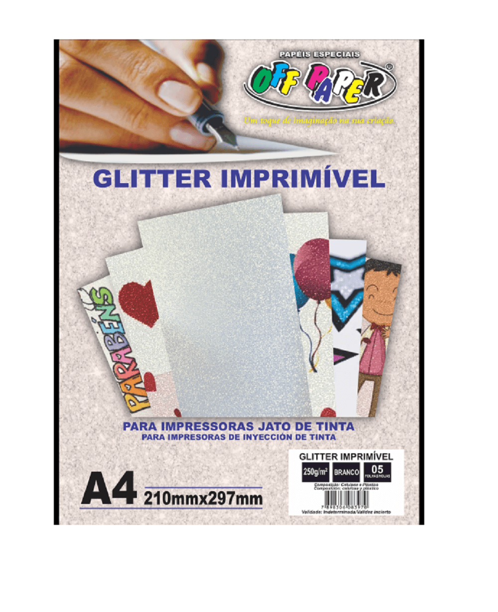 Papel Glitter Imprimível Branco 250g/m² com 10 folhas  - Off Paper