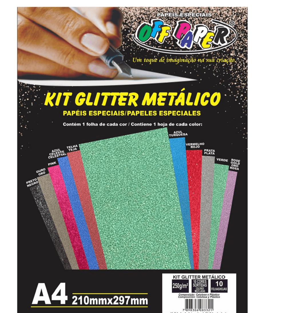 Papel Glitter Metalico Cores Sortidas 250g/m² com 10 Folhas - Off Paper