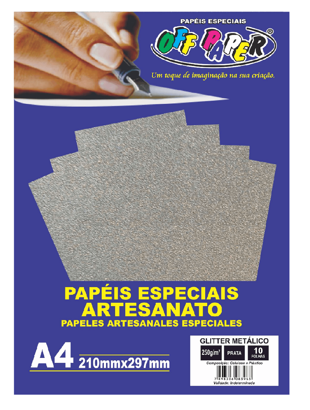 Papel Glitter Metalico Prata 250g/m² com 10 Folhas - Off Paper