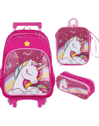 Mochila de Rodinha + Lancheira Térmica + Estojo c/ 2 Divisórias Unicórnio - BRW
