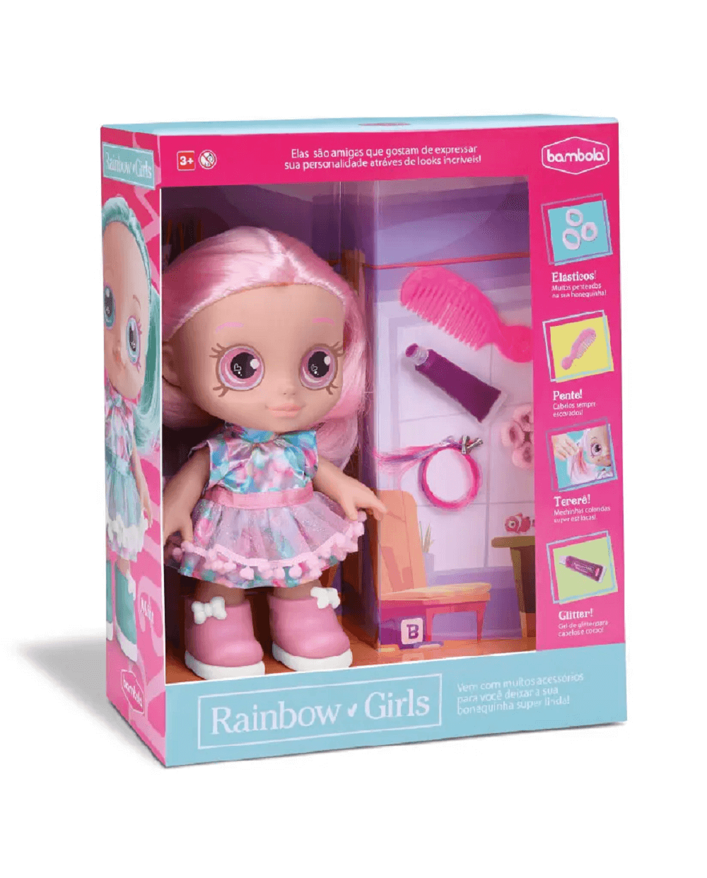 Boneca em Vinil 26cm Rainbow Girls Cherry Rosa 732 - BAMBOLA