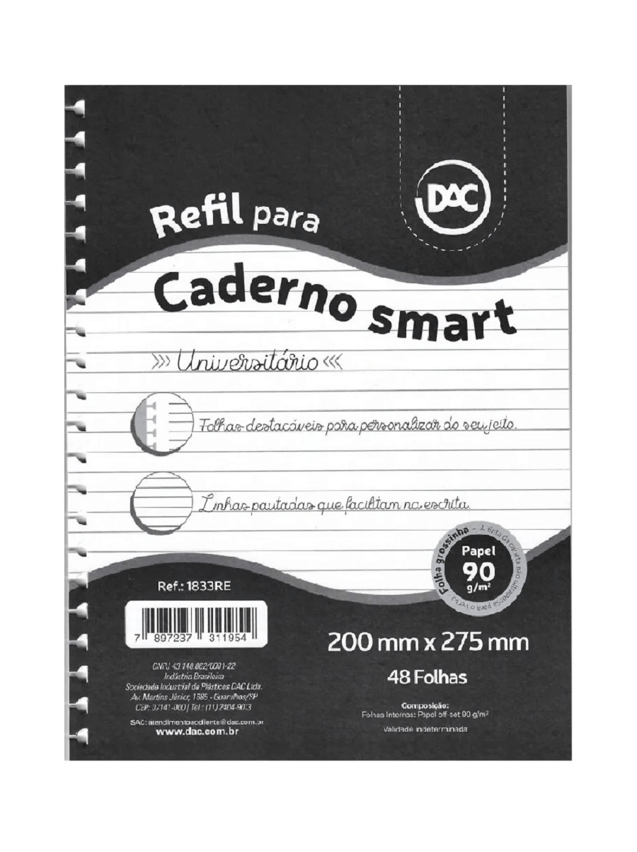 Refil de Folhas p/ Caderno Universitário Smart c/48 Folhas 1833RE - DAC