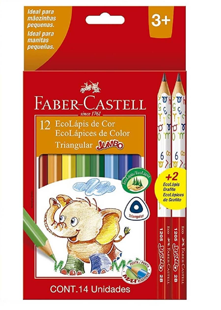 Lápis de Cor Ecolápis Triangular Jumbo 12 Cores + 2 Lápis 2B - Faber-Castell