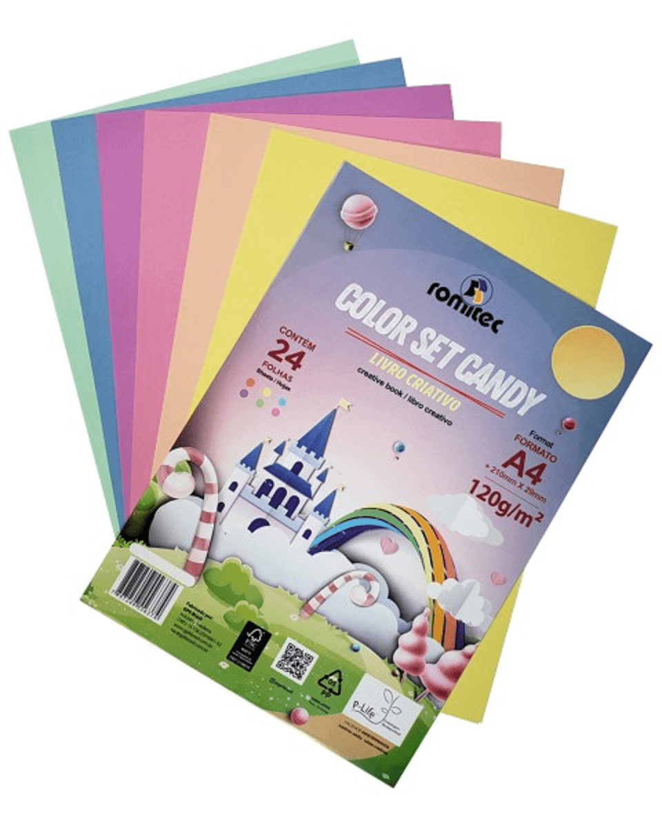 Bloco Papel Criativo Color Set Candy A4 7Cores 120g/m² c/24 Fls Romitec