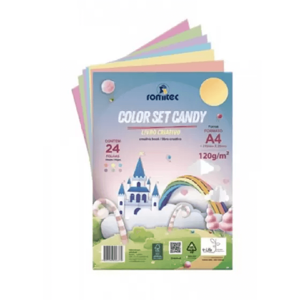 Bloco Papel Criativo Color Set Candy A4 7Cores 120g/m² c/24 Fls Romitec
