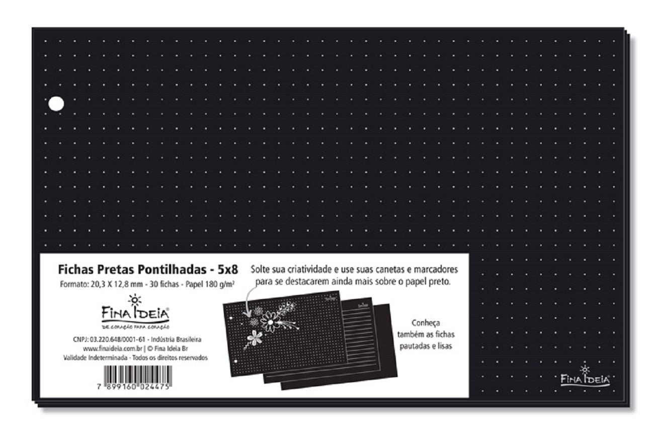 Fichas Pretas Pontilhadas 5"x8"  30 Fichas 180 g/m² 2447 - Fina Ideia