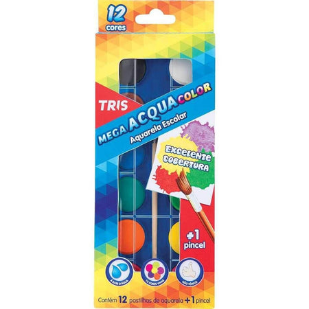 Aquarela Escolar 12 Cores com Pincel Mega Acqua Color 686998 - Tris